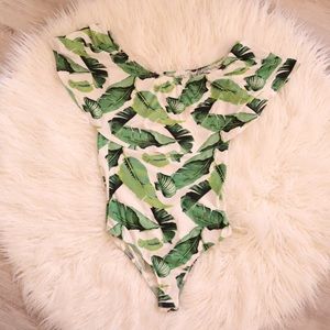 Tropical Leaf Print Ruffle Bodysuit